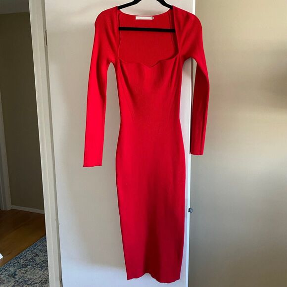 REVOLVE x One Grey Day Lakeyn Dress Red Medium Midi Sweatheart Ribbed Sweater - Picture 9 of 11